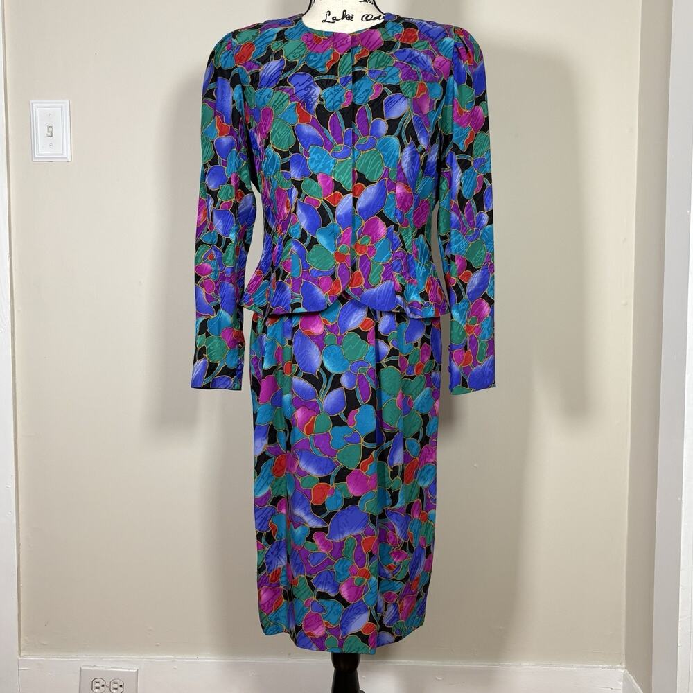VTG 80s Adriana Papell 2 Pc Skirt Set 100% Silk Abstract Floral Bold Colors 8